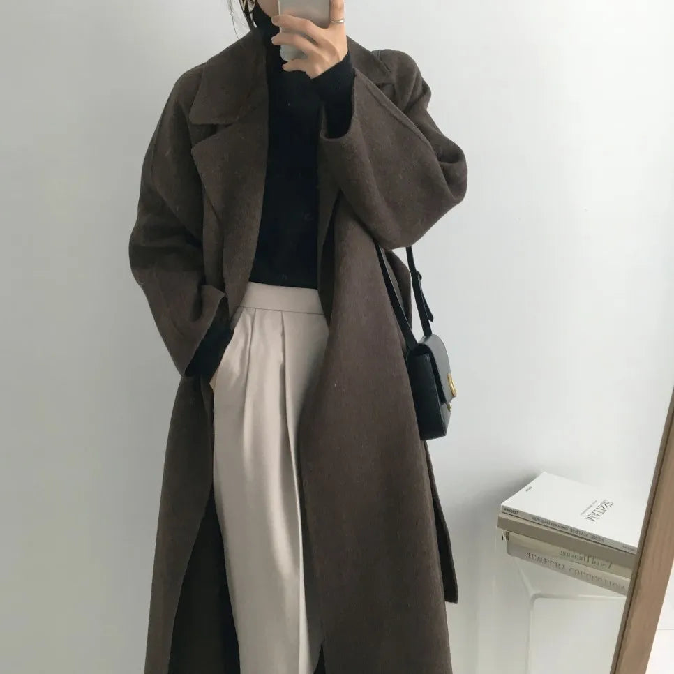 JXMYY French Lazy Style Warm Female Fresh Winter 2024 Classical Belt Retro Loose Women Woolen Coats Chic Casual Long Coat Long - reetell