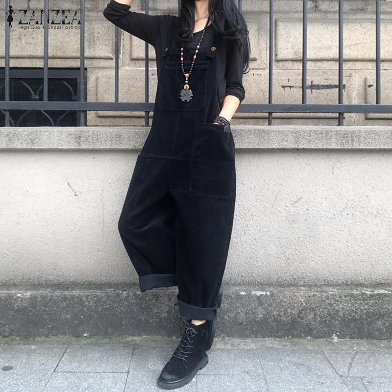 Kaftan Corduroy Overalls Women's Spring Jumpsuits ZANZEA 2023 Casual Suspender Harem Pants Female Solid Rompers Femme Oversize