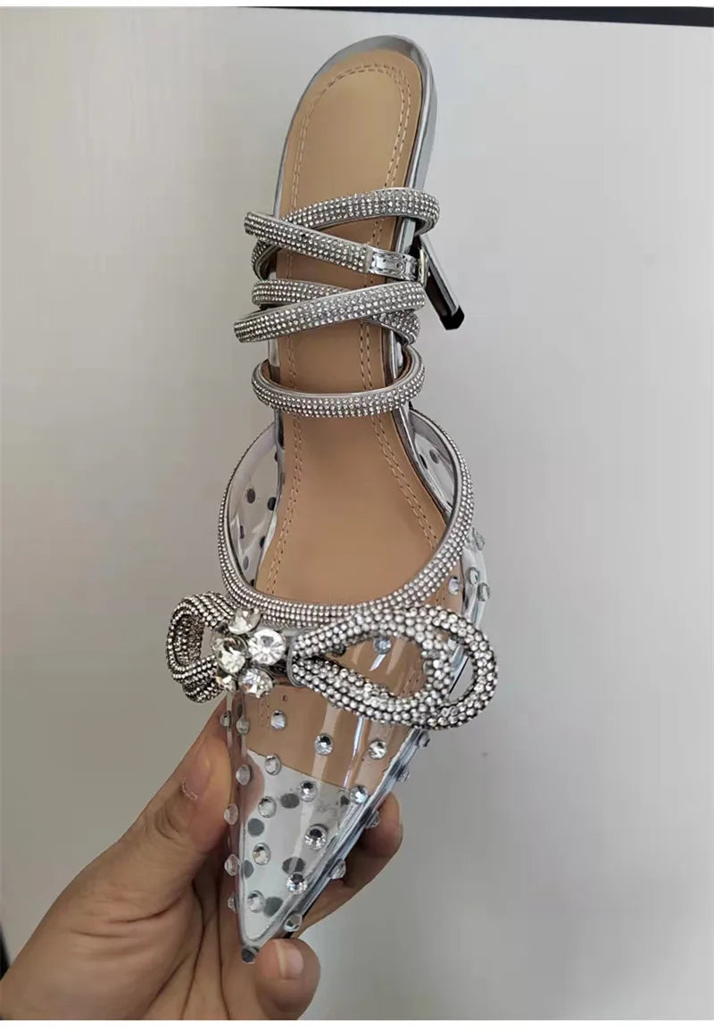 Brand Luxury Crystal Sequined Bowknot Women Pumps Sexy Ankle Strap High heels Female Sandals Summer Fashion Wedding Prom Shoes - reetell