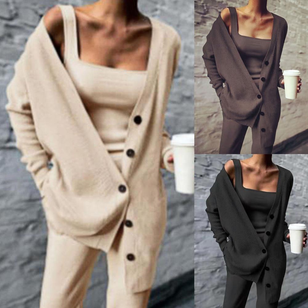 2021 Women Three Pices Set Autumn Winter Knitted Solid Cardigan Tops Tank Top And Casual Loose Long Pants Female Suit Tracksuit - reetell