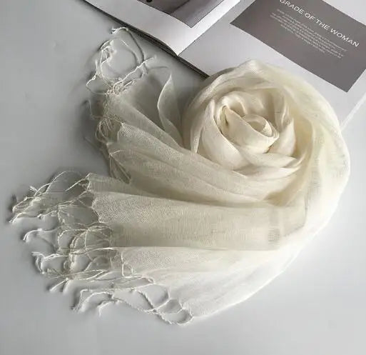 55*180cm Fashion Soft Solid Women 100% Linen Flax Tassel Scarf Summer Travel Sunscreen Long Shawl Elegant Hijab Women Foulard - reetell