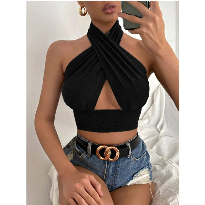 Women Summer Tank Tops Solid Cross Halter Camis Backless Crop Tops Female Camisole Cropped Top Slim Sleeveless Streetwear - reetell