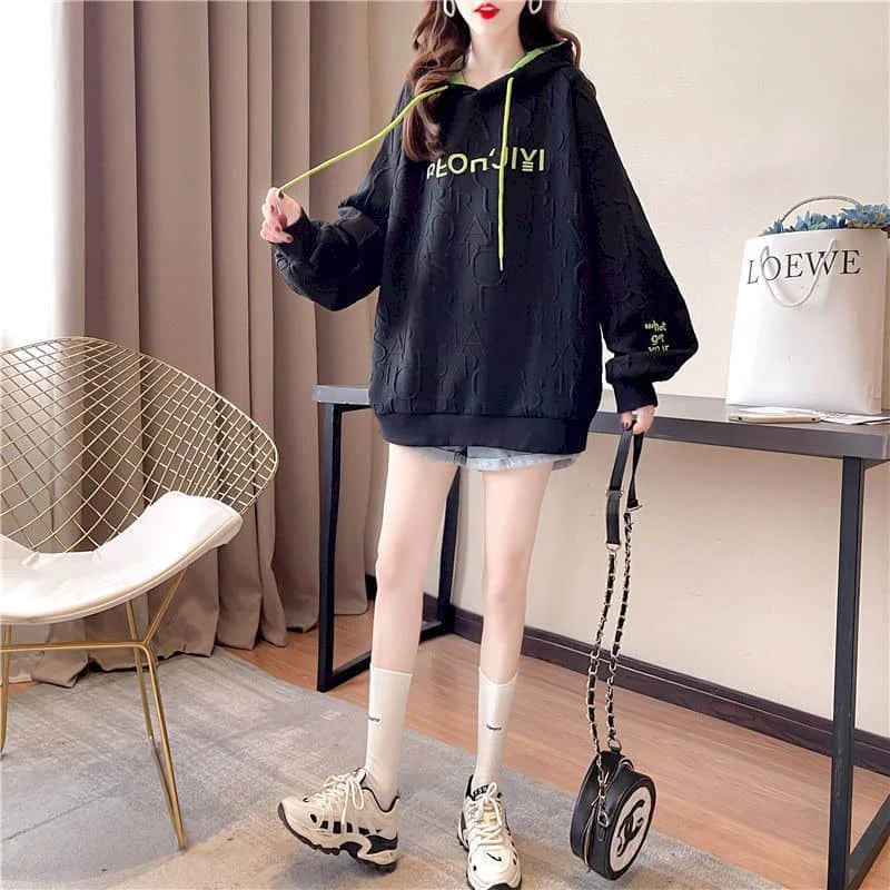 Autumn New Embroidery Hoodies Womens Fashion Loose Large Size Hoodie Korean Trendy Thin Long-sleeved Versatile Hooded Sweatshirt - reetell