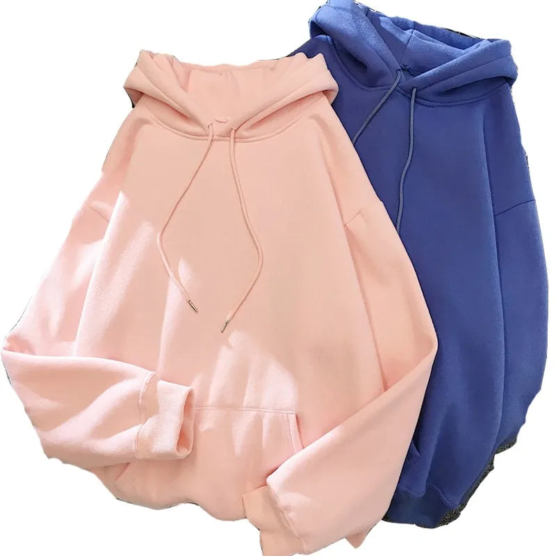 Zuolunouba Autumn And Winter Solid Color Plus Velvet Thickening Female Hoodie Casual Loose Drawstring Pocket Women Sweatshirt - reetell