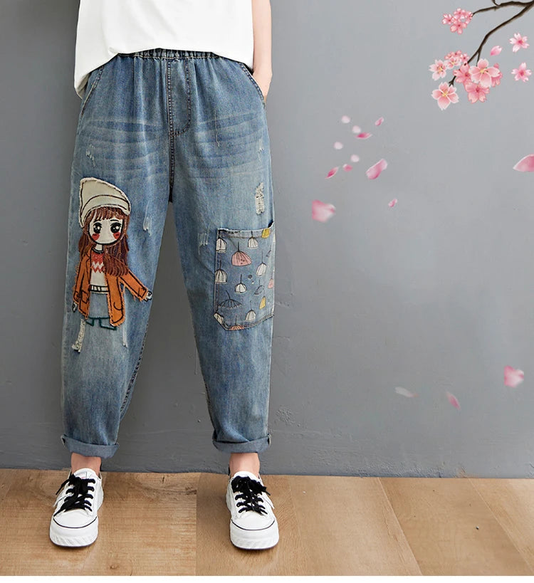 6537 Cartoon Litter Girl Embroidery Denim Pants For Women Trendy Hole Casual High Waist Breeches Pockets Mom Harem Blue Jeans - reetell