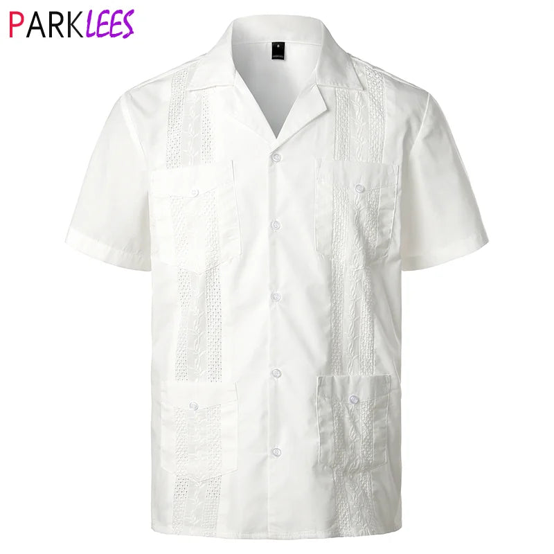 White Cuban Camp Guayabera Shirt Men Stylish Embroidered Woven Button-Down Shirts Mens Mexican Caribbean Style Beach Shirts 2XL