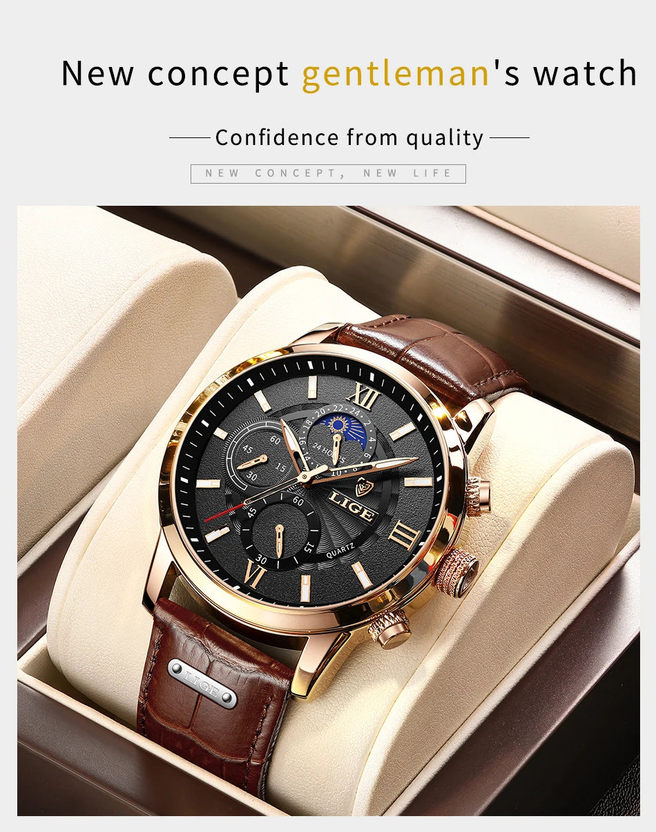 2024 New Mens Watches LIGE Top Brand Luxury Leather Casual Quartz Watch Men's Sport Waterproof Clock Watch Relogio Masculino+Box