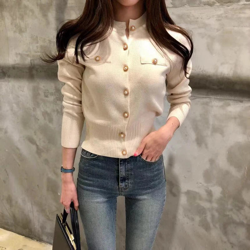 Zoki Fashion Women Cardigan Sweater Spring Knitted Long Sleeve Short Coat Casual Single Breasted Korean Slim Chic Ladies Top - reetell