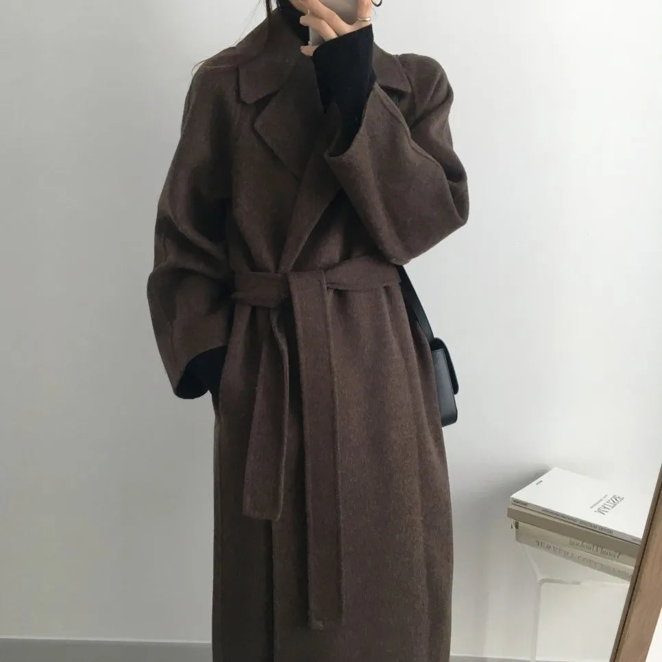 JXMYY French Lazy Style Warm Female Fresh Winter 2024 Classical Belt Retro Loose Women Woolen Coats Chic Casual Long Coat Long - reetell