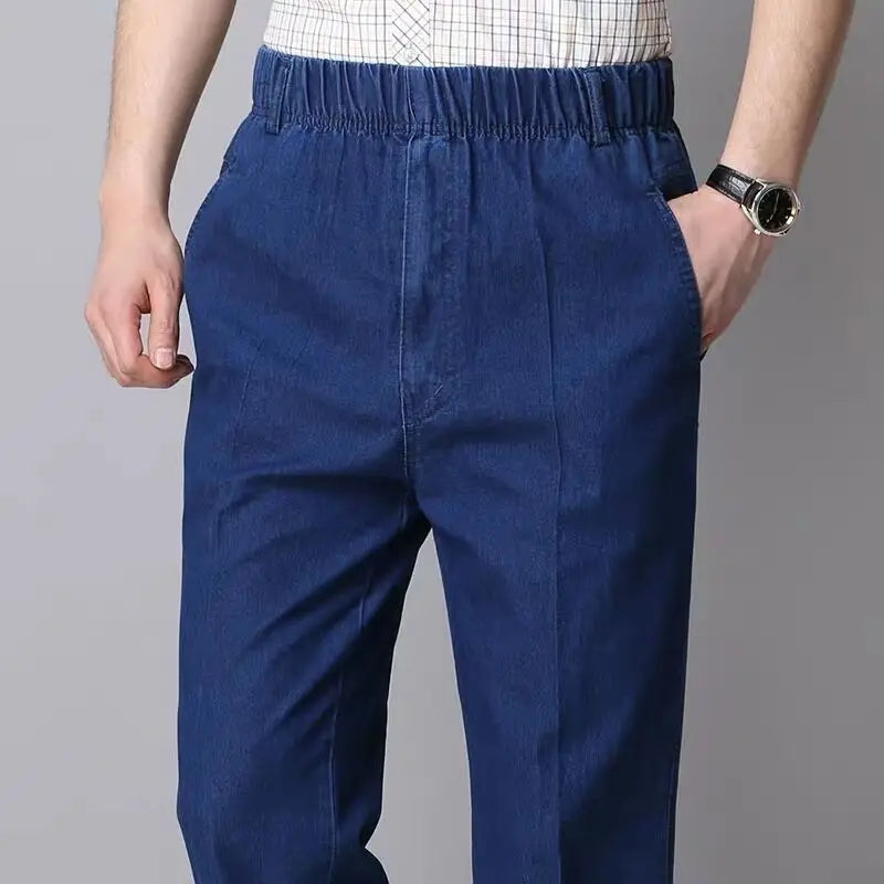 Durable Outdoor Work Wear Straight Jeans Trousers Men Elastic Waist Casual Wide Leg Thick Cotton Denim Pants Classic Loose Dad - reetell