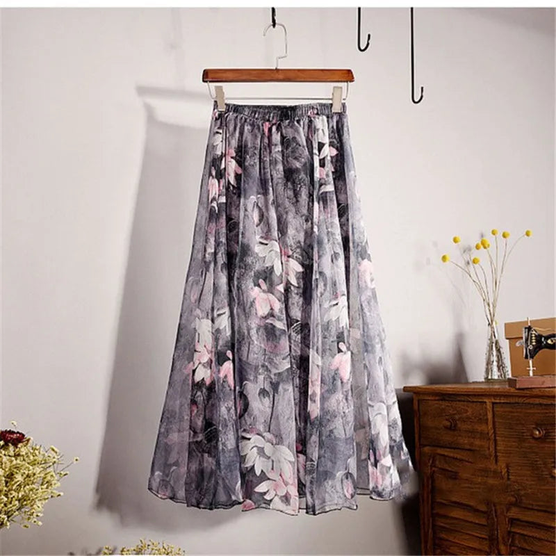 Vintage Bohemian Long Skirts Women Elegant Chiffon Saia Harajuku Beach High Waist Long Skirt Woman Clothes Faldas Tutu Vestidos - reetell