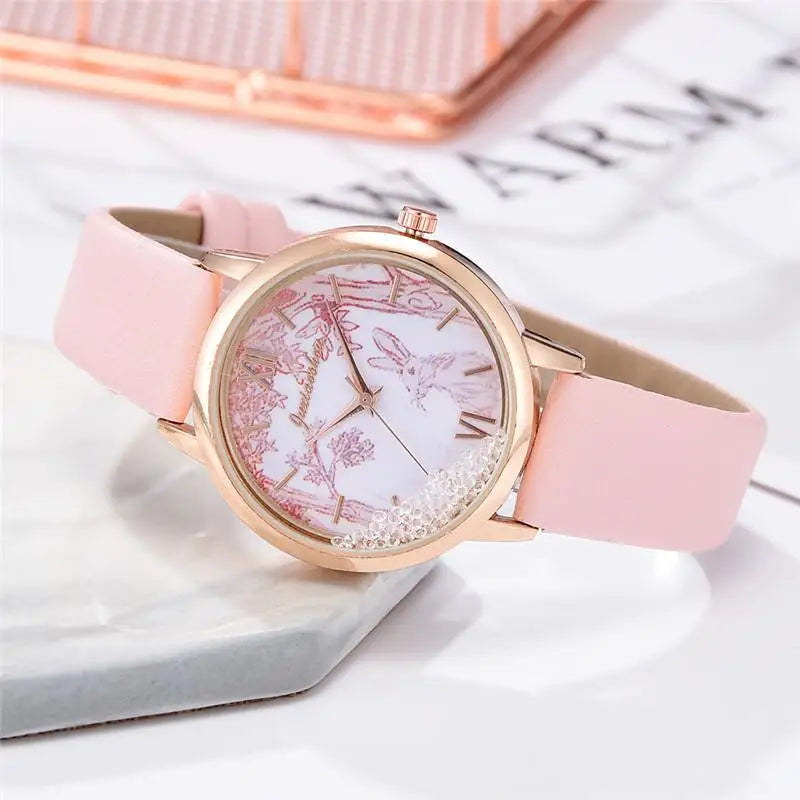 Luxury Rhinestones Women Watches Fashion Rabbit Pattern Dial Design Ladies Wristwatches Qualities Female Quartz Leather Watch