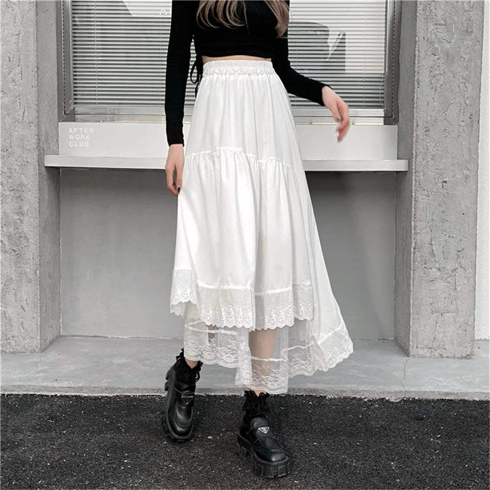 Y2k Gothic Tulle Pleated Skirt Black Lace Stitching Irregular Midi Skirt Women Vintage High Waist Long Skirt Korea Solid Hip Hop - reetell