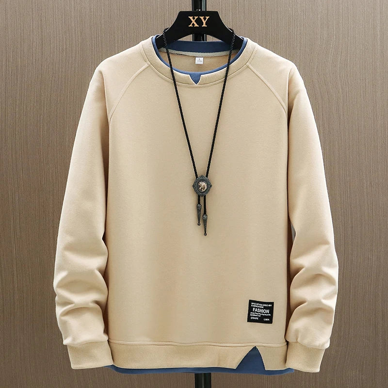 2024 New Mens Casual Sweatshirts Harajuku Solid Color Fashion Fake Two Pieces O-Neck Sweatshirt Hoodies Hip Hop Male Streetwear - reetell