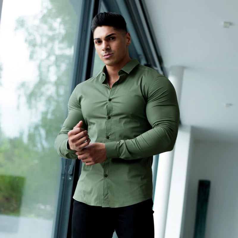 Men Fashion Casual long Sleeve Solid Shirt Super Slim Fit Male Social Business Dress Shirt Brand Men Fitness Sports Clothing - reetell