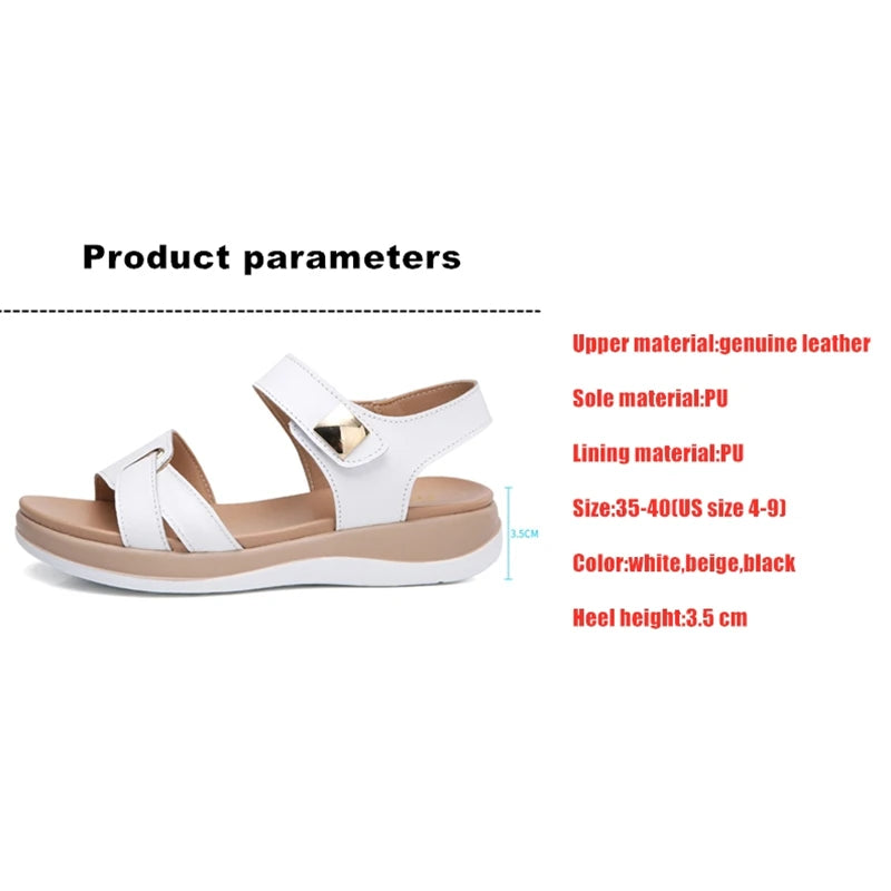 WOIZGIC Women Female Ladies Mother Genuine Leather Shoes Sandals Flats Soft Hook Loop Korean Bling Summer Beach Size 35-40 - reetell