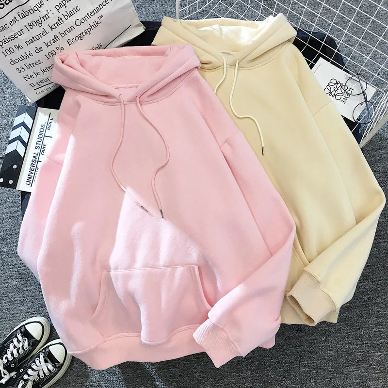 Zuolunouba Autumn And Winter Solid Color Plus Velvet Thickening Female Hoodie Casual Loose Drawstring Pocket Women Sweatshirt - reetell