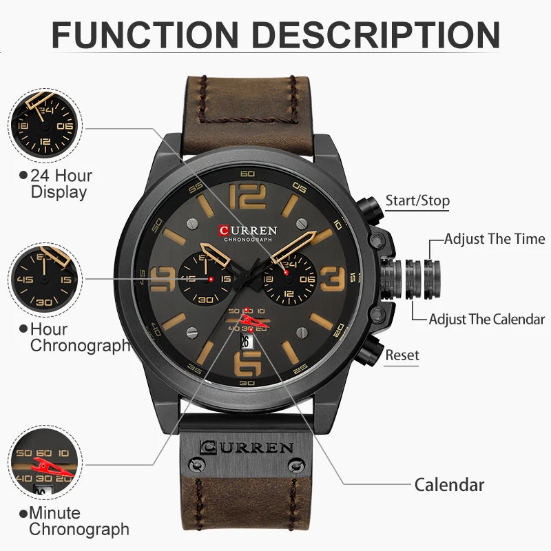 CURREN Mens Watches Top Luxury Brand Waterproof Sport Wrist Watch Chronograph Quartz Military Genuine Leather Relogio Masculino