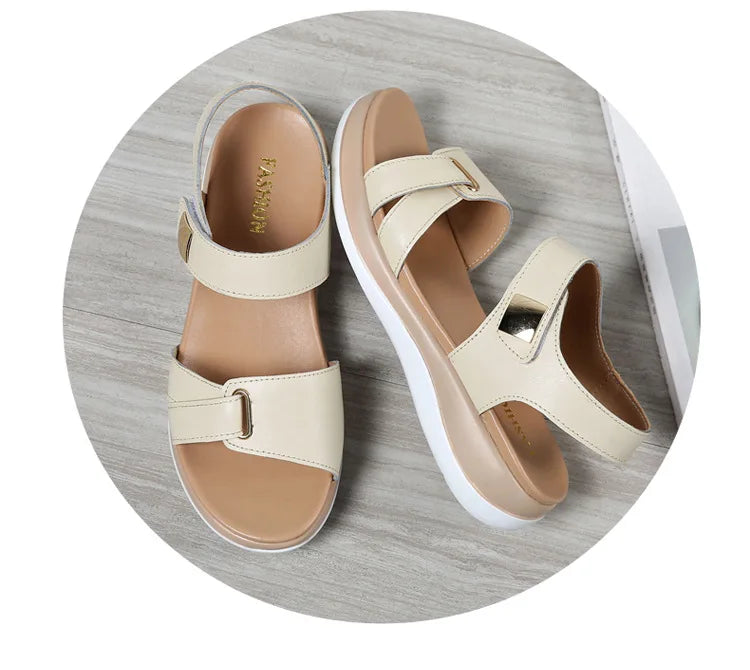 WOIZGIC Women Female Ladies Mother Genuine Leather Shoes Sandals Flats Soft Hook Loop Korean Bling Summer Beach Size 35-40 - reetell