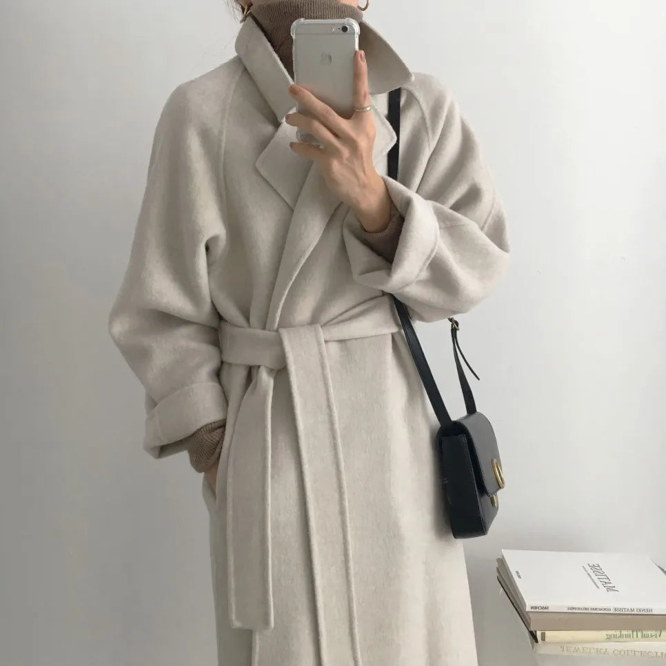 JXMYY French Lazy Style Warm Female Fresh Winter 2024 Classical Belt Retro Loose Women Woolen Coats Chic Casual Long Coat Long - reetell