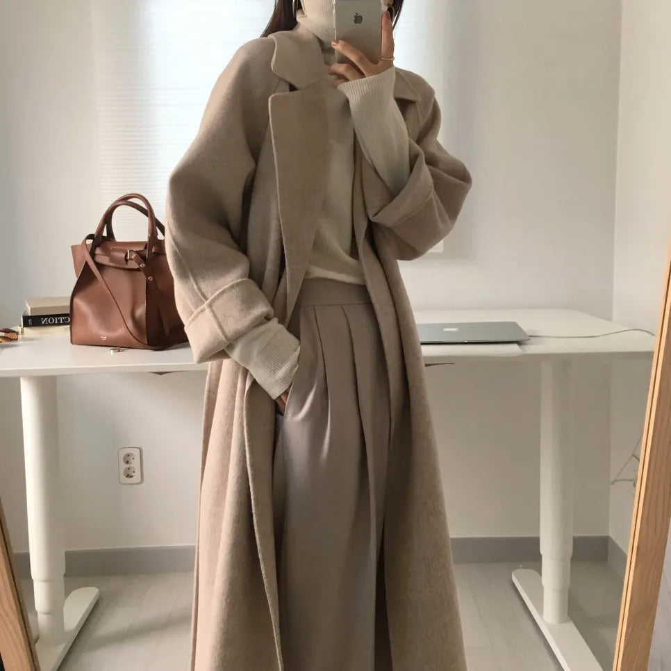 JXMYY French Lazy Style Warm Female Fresh Winter 2024 Classical Belt Retro Loose Women Woolen Coats Chic Casual Long Coat Long - reetell