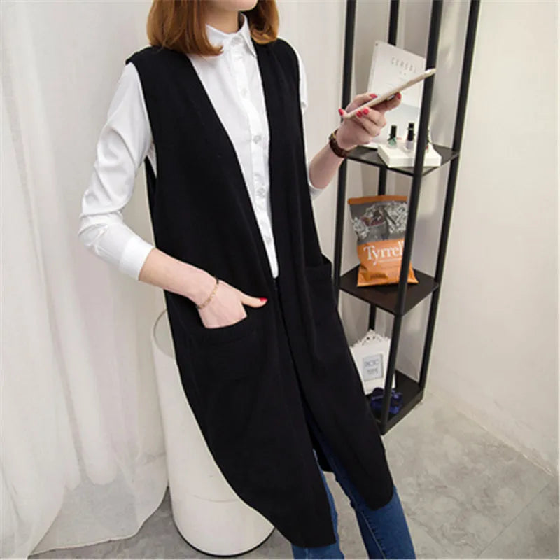 Long Sweater Vest Women Knitting Cardigan Waistcoat Coat lady 2020 New Autumn winter Korean Loose Gilet solid Sleeveless Jackets - reetell