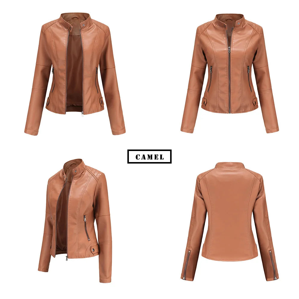 Women Leather Jacket 2024 Spring Autumn Black PU Leather Coat Stand-up Collar Motor Biker Jacket