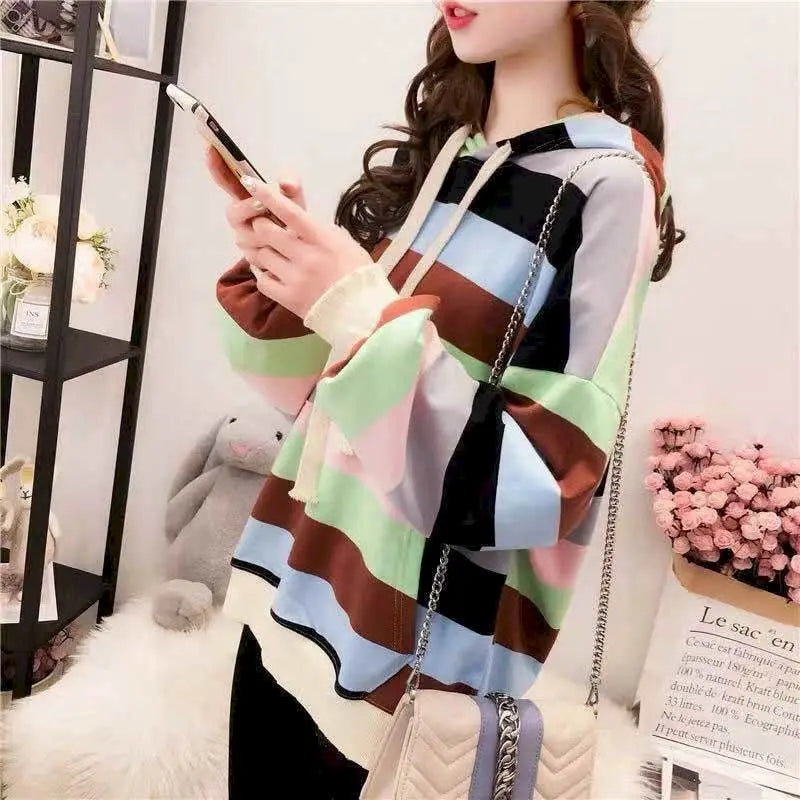 Womens Hoodies Rainbow Striped Long-sleeved T-shirt Spring Autumn New Loose Thin Casual Oversized Hooded Sweatshirt Women Tops - reetell