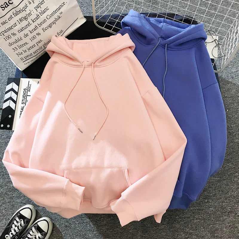 Zuolunouba Autumn And Winter Solid Color Plus Velvet Thickening Female Hoodie Casual Loose Drawstring Pocket Women Sweatshirt - reetell