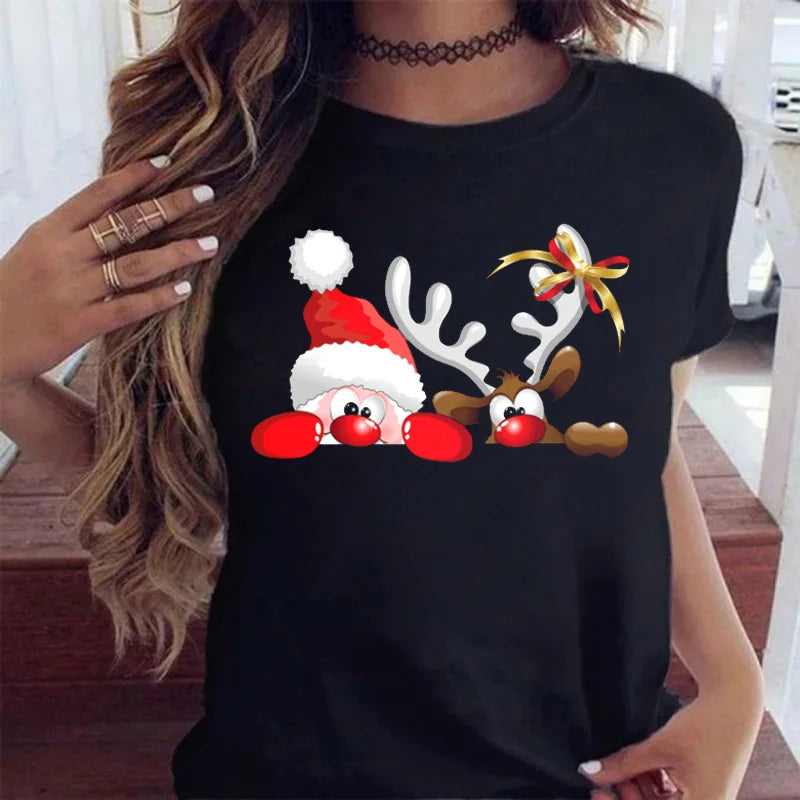 Maycaur Fashion Women's Tops Tee Women Merry Christmas Holiday Tshirts Funny Cartoon Santa Reindeer Printed Black T-shirt Female - reetell