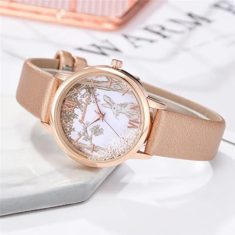 Luxury Rhinestones Women Watches Fashion Rabbit Pattern Dial Design Ladies Wristwatches Qualities Female Quartz Leather Watch