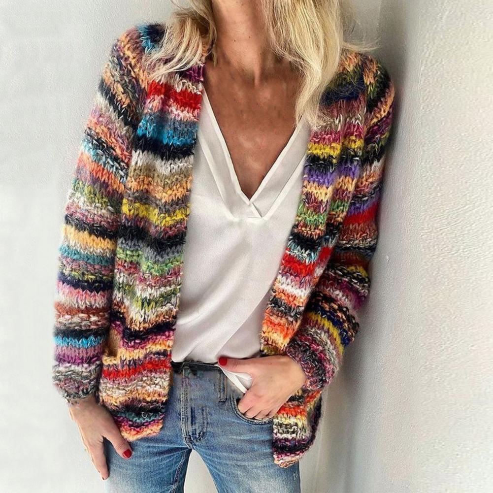 2021 New Women Sweater Rainbow Stripes Temperament Autumn Winter Long Sleeve Knitted Cardigan Coat for Office - reetell