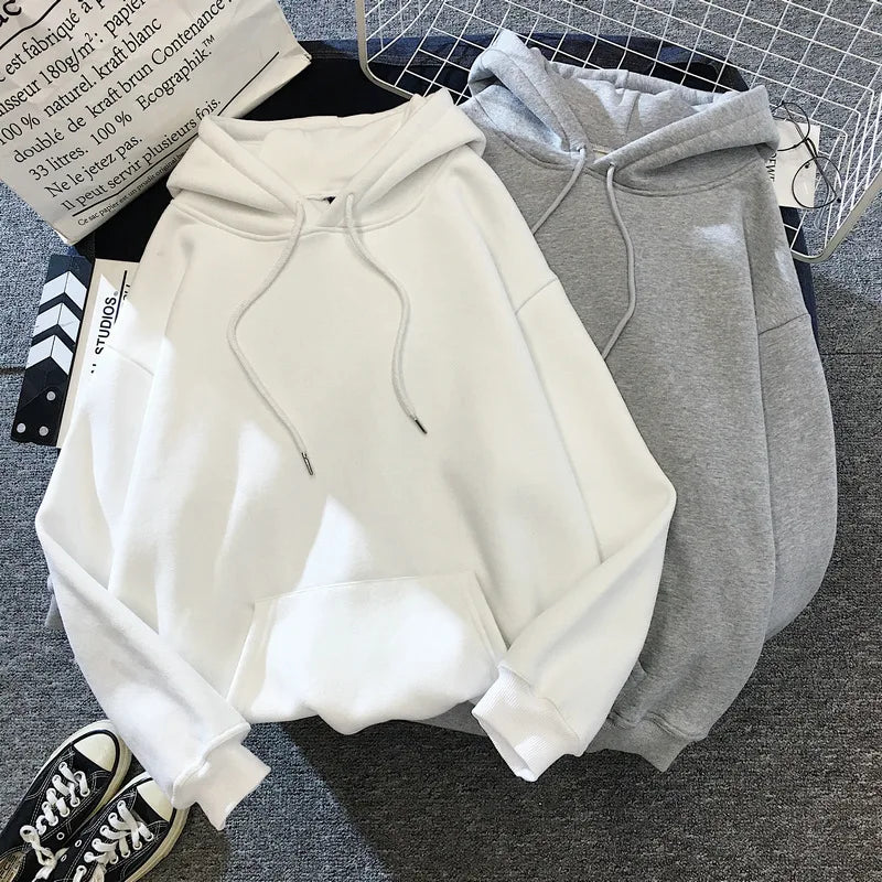 Zuolunouba Autumn And Winter Solid Color Plus Velvet Thickening Female Hoodie Casual Loose Drawstring Pocket Women Sweatshirt - reetell