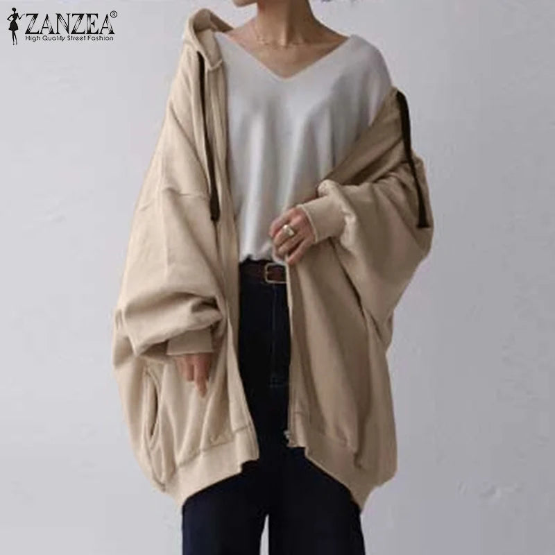 ZANZEA Fashion Oversize Coats Women Autumn Long Sleeve Sweatshirts Female Casual Elegant Loose Outwear Hooded Hoodies 2023 - reetell