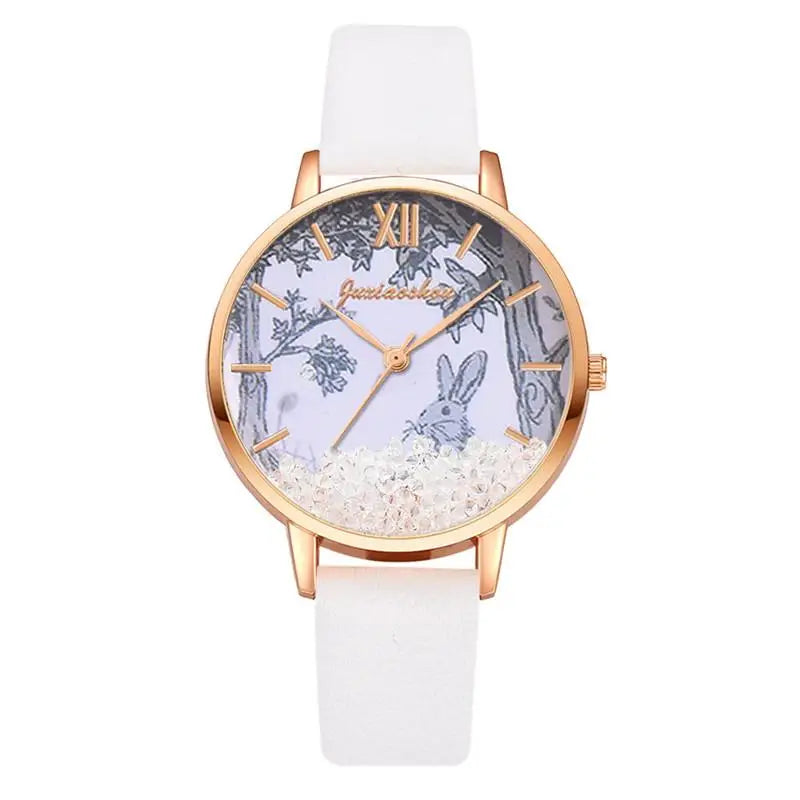 Luxury Rhinestones Women Watches Fashion Rabbit Pattern Dial Design Ladies Wristwatches Qualities Female Quartz Leather Watch