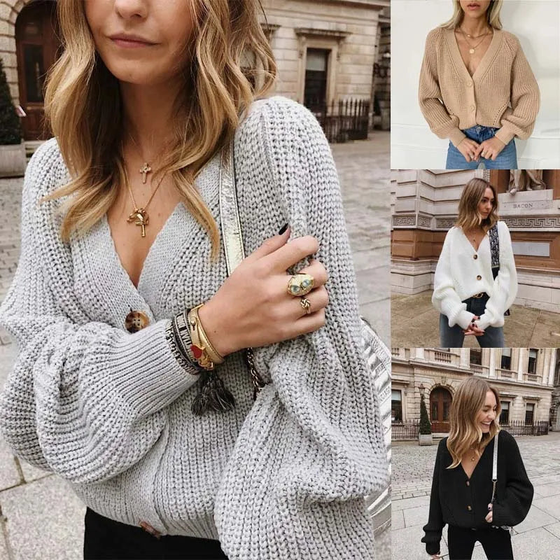 NEW Fashion Women Knitted Cardigans Sweater Fashion Autumn Long Sleeve Loose Coat Casual Button Thick V Neck Solid Female Tops - reetell