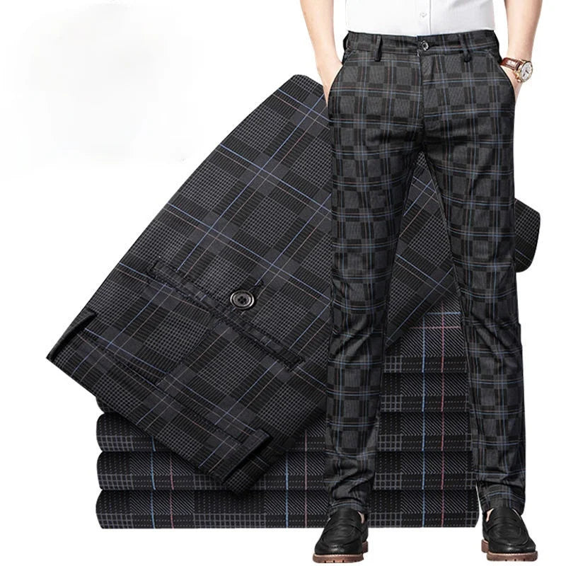 2022 Spring Summer Casual Pants Men Fashion Korean Streetwear Men's Straight Slim Fit Pants Trousers Black Plaid Suit Pants Men - reetell