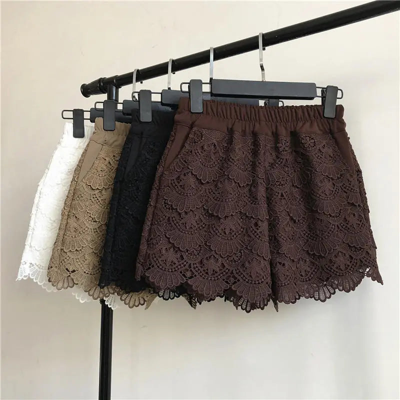 Lace Shorts Women Spring Autumn High Waist Shorts Elastic Wide Leg Short Shorts Black / White Ladies Sexy Short Feminino Q2248 - reetell