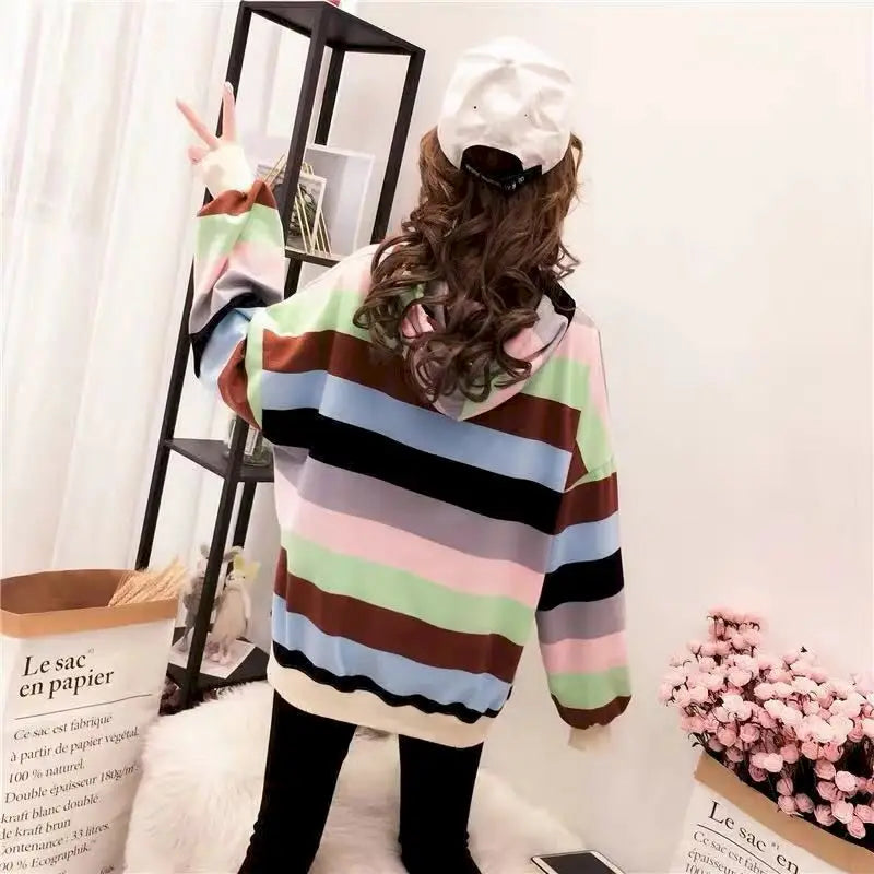 Womens Hoodies Rainbow Striped Long-sleeved T-shirt Spring Autumn New Loose Thin Casual Oversized Hooded Sweatshirt Women Tops - reetell