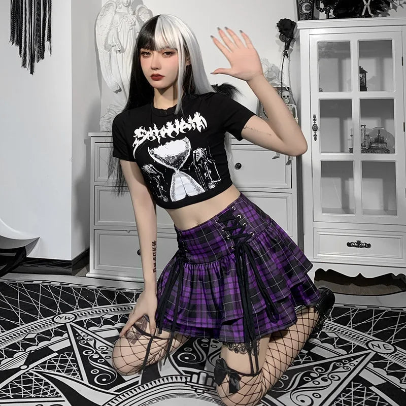 Vintage Y2K Punk Sexy High Waist Mini Skirts Purple Plaid Bandage Harajuku Aesthetic Skirt Goth Grunge Cake Skirt Streetwear - reetell