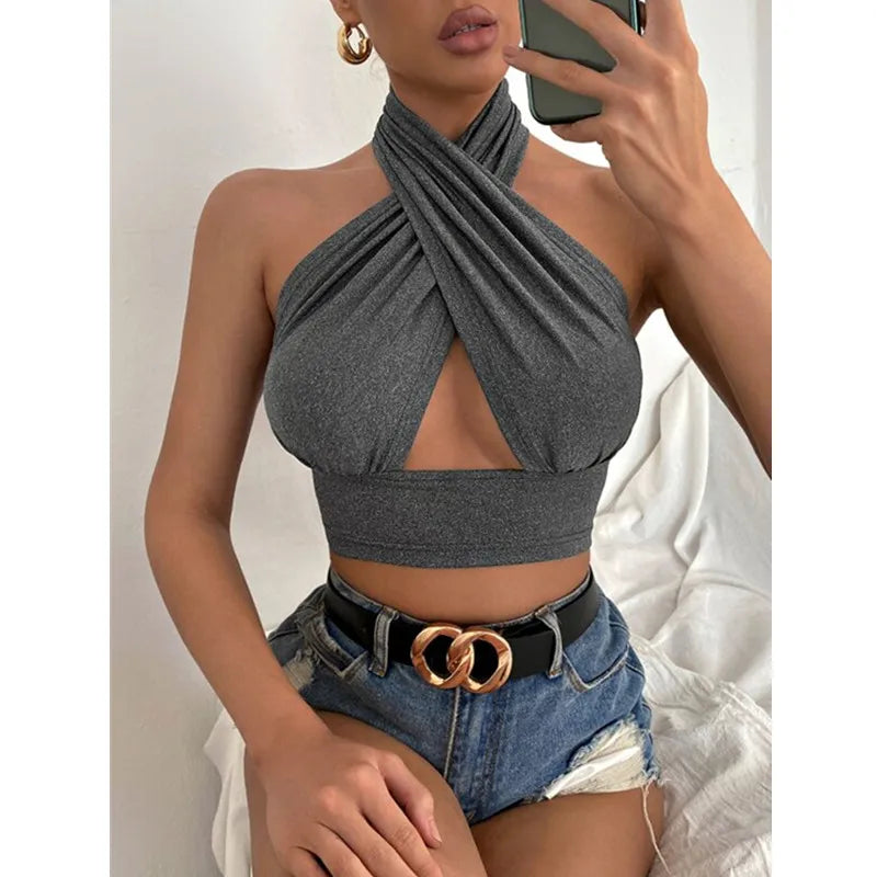 Women Summer Tank Tops Solid Cross Halter Camis Backless Crop Tops Female Camisole Cropped Top Slim Sleeveless Streetwear - reetell