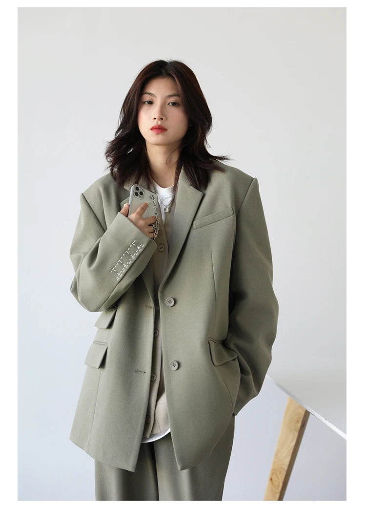 CHICVEN  Women Office Lady Blazer Cuff Embroidery Wide Shoulder Twill Suit Women's Autumn Ladies Outerwear  Stylish Tops - reetell