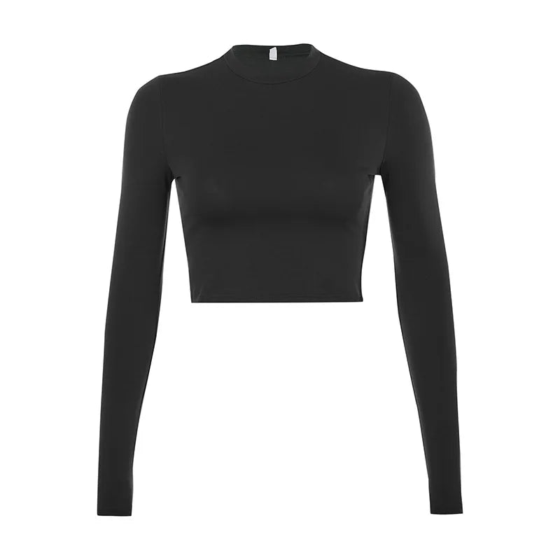 Solid Basic Long Sleeve Womens Tshirt Casual Black White Fashion Crop Top T Shirt Ladies Fashion Korean Tee Shirt - reetell