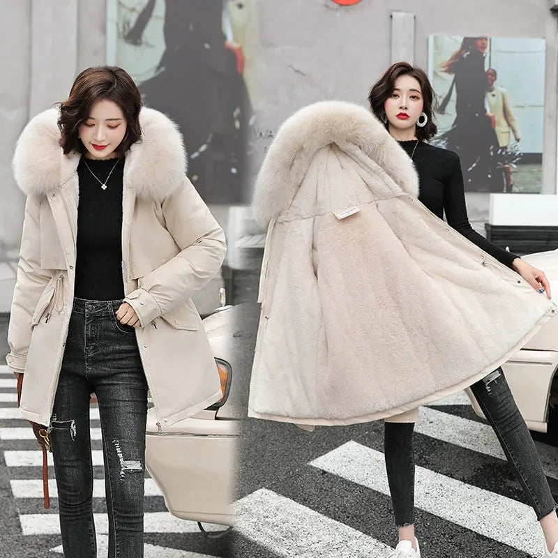 2023 New Winter Jacket Women Parka Fashion Long Coat Wool Liner Hooded Parkas Slim With Fur Collar Warm Snow Wear Padded Clothes - reetell