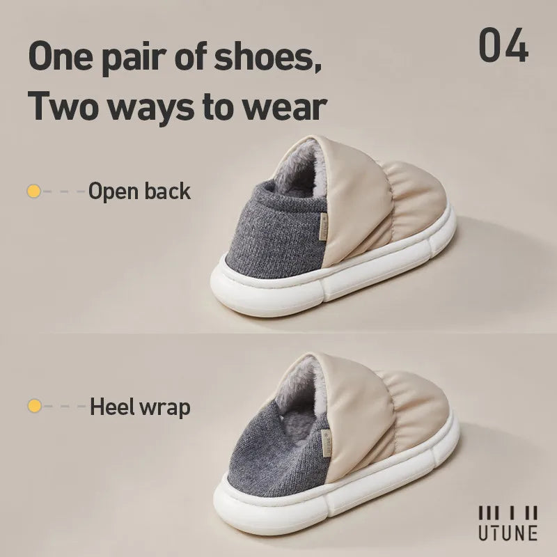 UTUNE Winter Women Slippers Anti-slip Indoor Warm Plush Waterproof Heel Shoes Comfortable Outdoor Casual Easy Walk Fashion - reetell