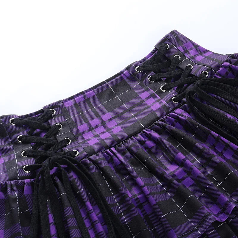 Vintage Y2K Punk Sexy High Waist Mini Skirts Purple Plaid Bandage Harajuku Aesthetic Skirt Goth Grunge Cake Skirt Streetwear - reetell