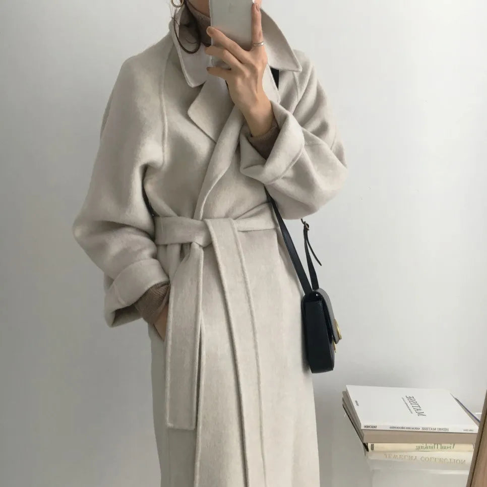 JXMYY French Lazy Style Warm Female Fresh Winter 2024 Classical Belt Retro Loose Women Woolen Coats Chic Casual Long Coat Long - reetell