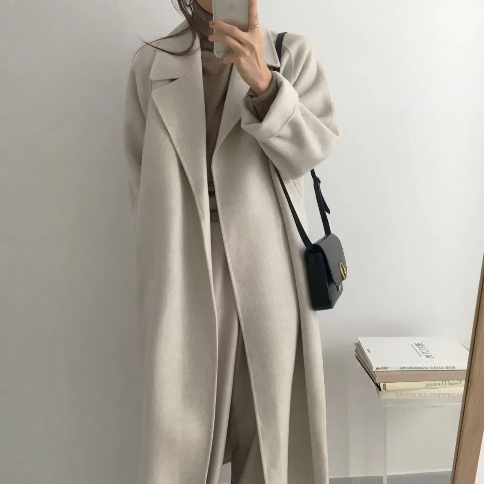 JXMYY French Lazy Style Warm Female Fresh Winter 2024 Classical Belt Retro Loose Women Woolen Coats Chic Casual Long Coat Long - reetell