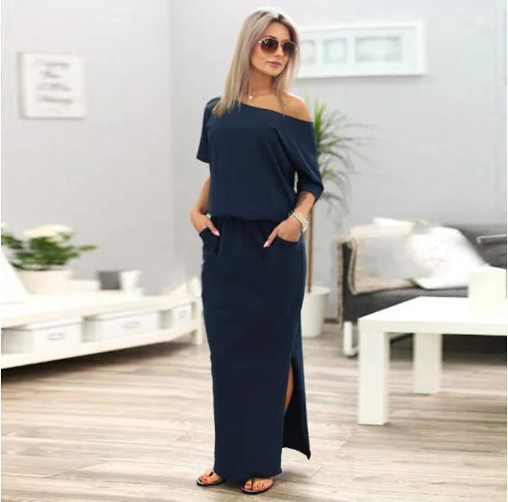 Sexy Slash neck Side Split Loose Dress Women Summer Long Maxi Dress Short Sleeve Evening Party Dress - reetell