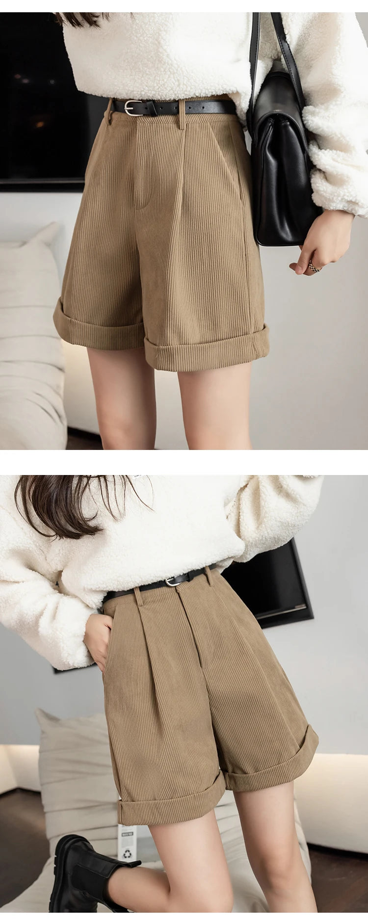 Streetwear Winter Corduroy Shorts Women Casual Loose Wide Leg Woolen Shorts With Belt High Waist Short Femme Black Khaki Brown - reetell